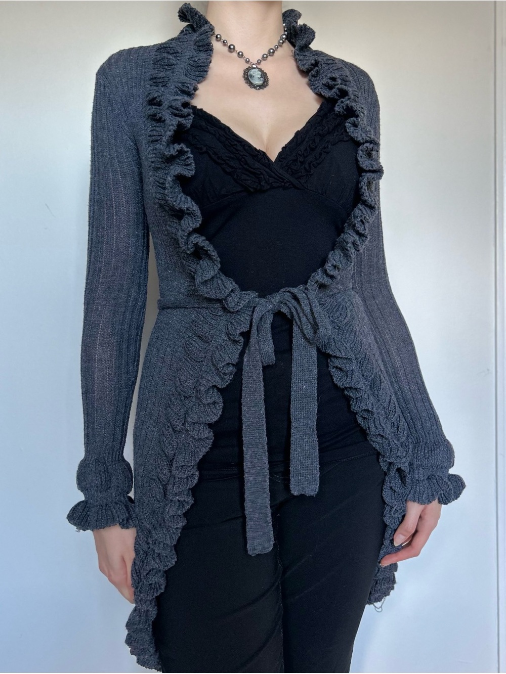 Vamp Whimsygoth Grey Ruffled Cardigan